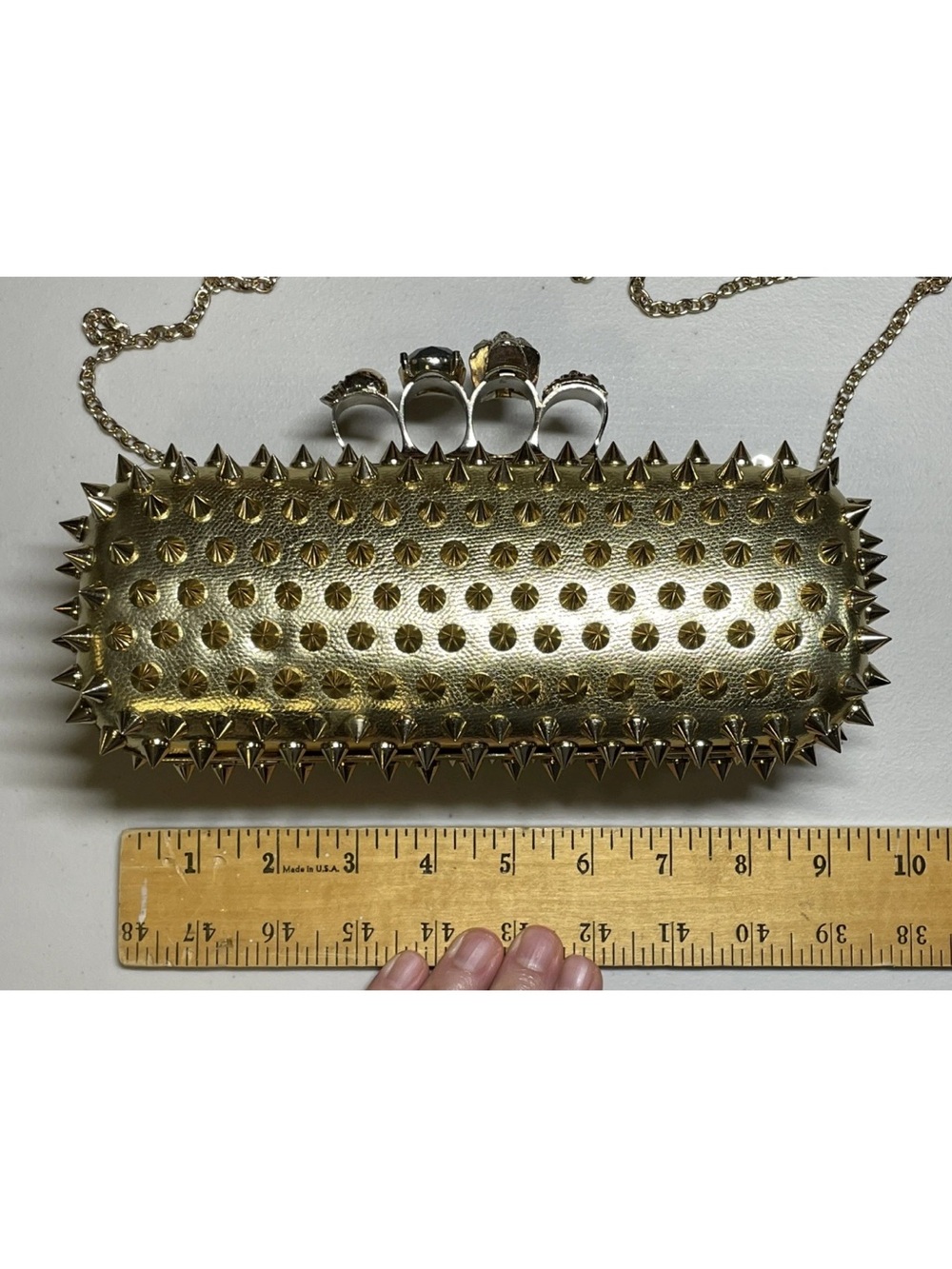 Edgy style Gold Spike Evening Clutch/ crossbody bag with skull knuckle handle - Picture 6 of 13